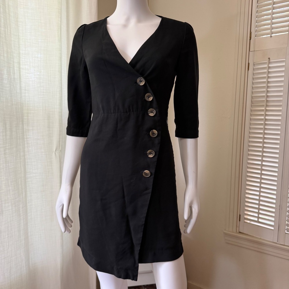 Mango MNG Casual Black‎ Asymmetrical Button Front Mini Dress V-Neck 3/4 Sleeve 2